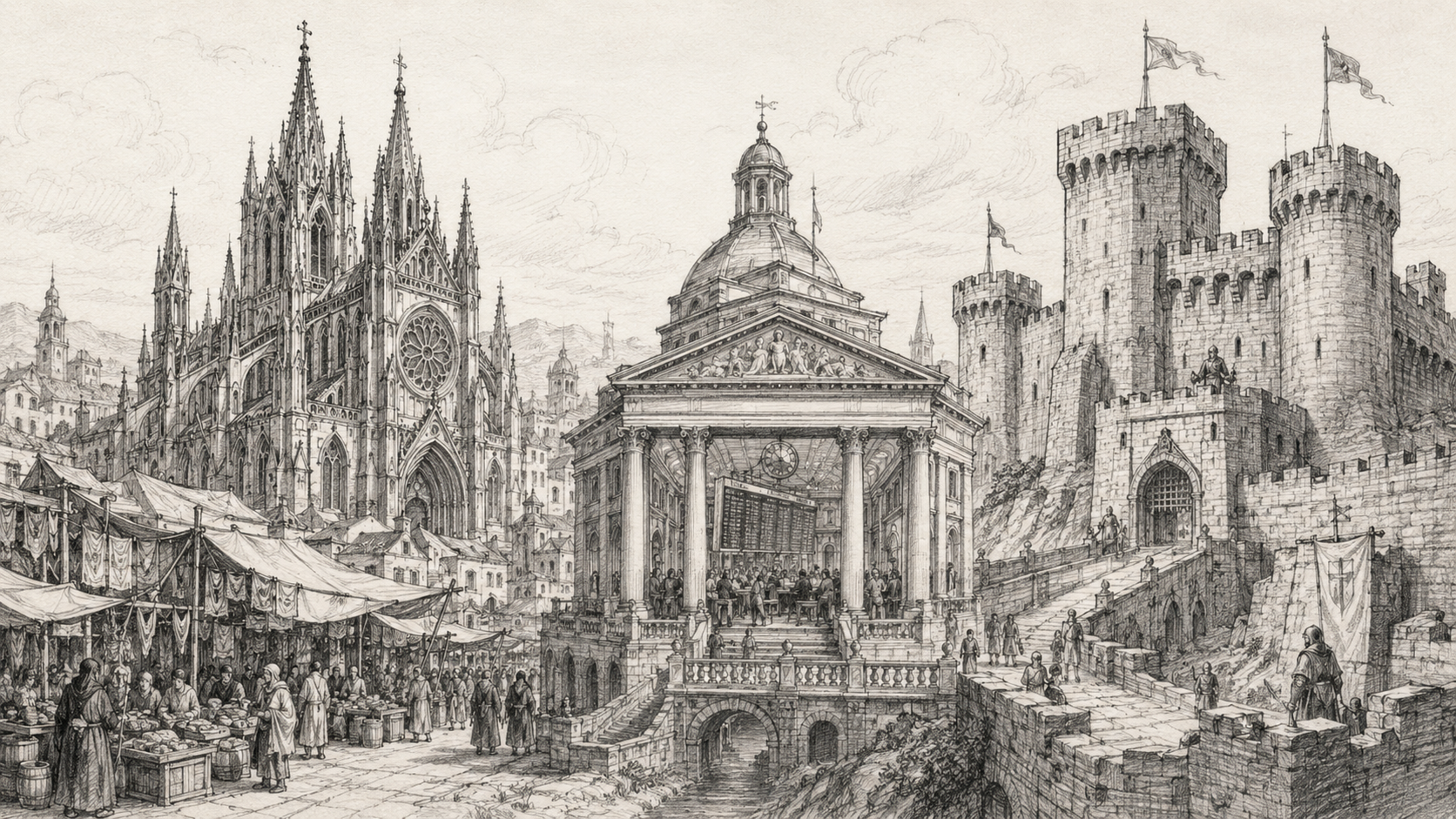 An engraving juxtaposing four structures: a Gothic cathedral, an open-air market bazaar, a domed classical exchange, and a fortified castle.