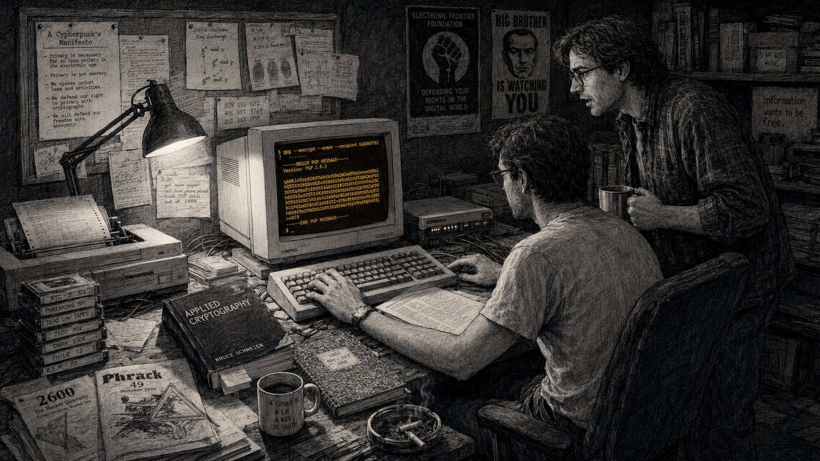 A dimly lit 1990s scene: two people at a CRT terminal showing amber text, surrounded by printouts of a manifesto, an Applied Cryptography book, 2600 and Phrack magazines, and a Big Brother poster.